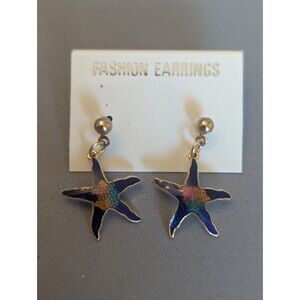 Vintage Taiwan Cloisonné Blue Starfish Dangle Post Earrings Beach Ocean NOS